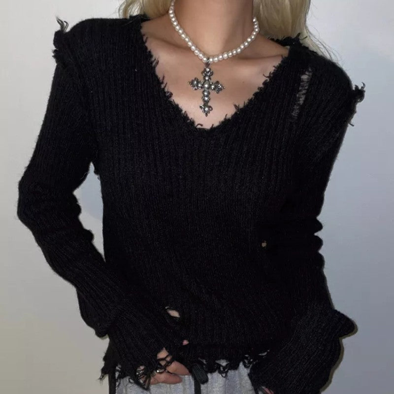 Maxct 2024 Fall Fashion Ribbed Tattered V Neck Sweater