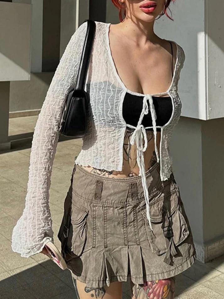 Maxct-Perspective Mesh Lace Up Long Sleeve Blouse