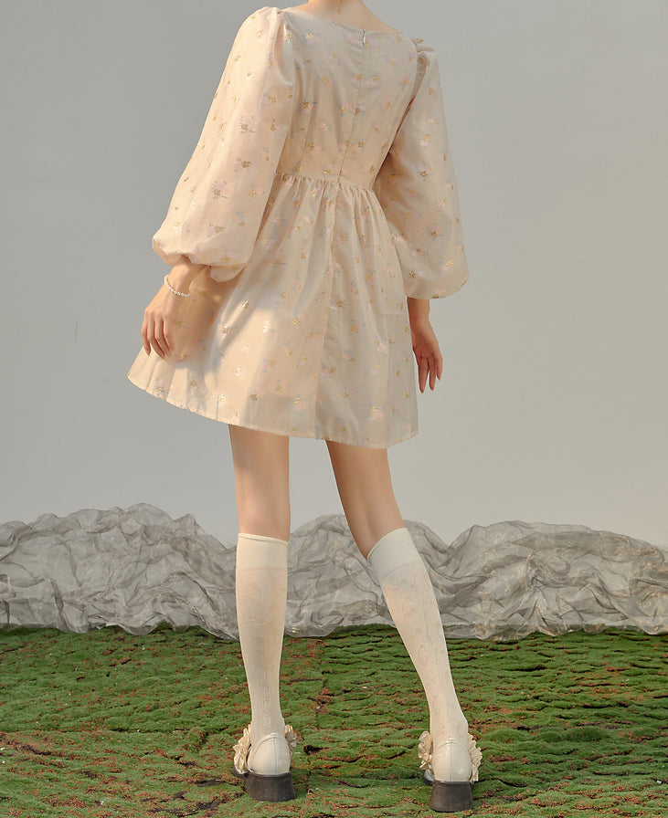 Puff Sleeve Bow Floral Jacquard Dress Maxct