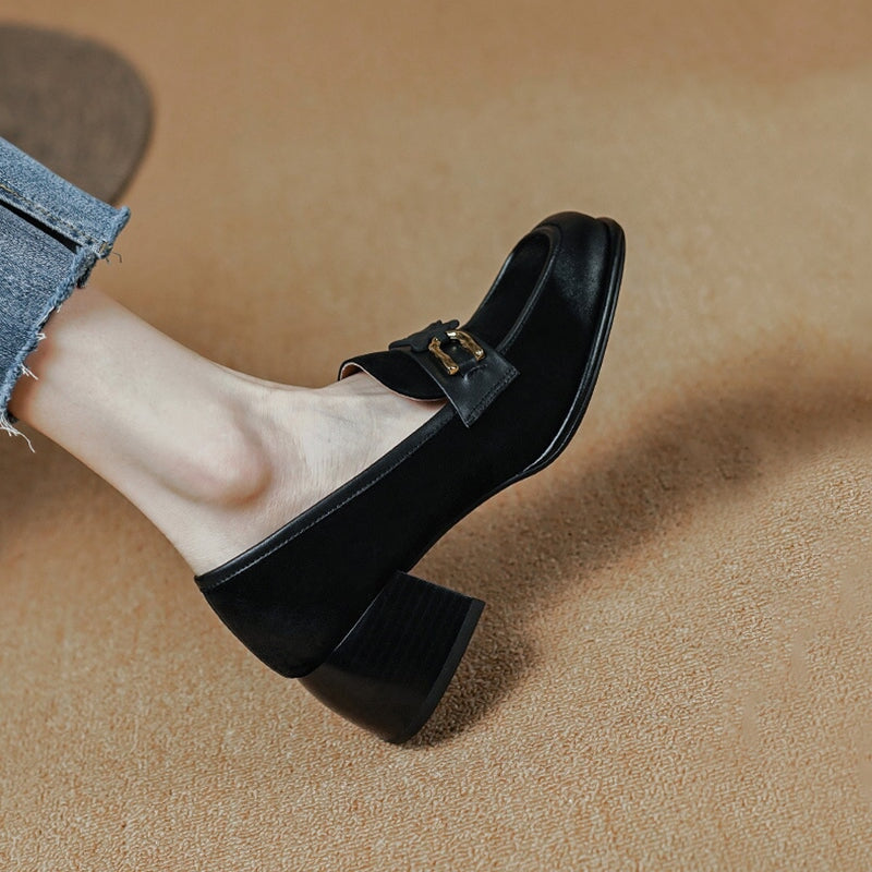 Suede Loafers Block Heel with Butterfly Details Maxct