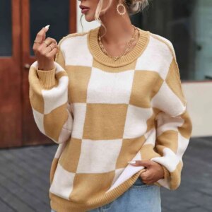Maxct &Checkered Exposed Seam Drooped Shoulder Sweater