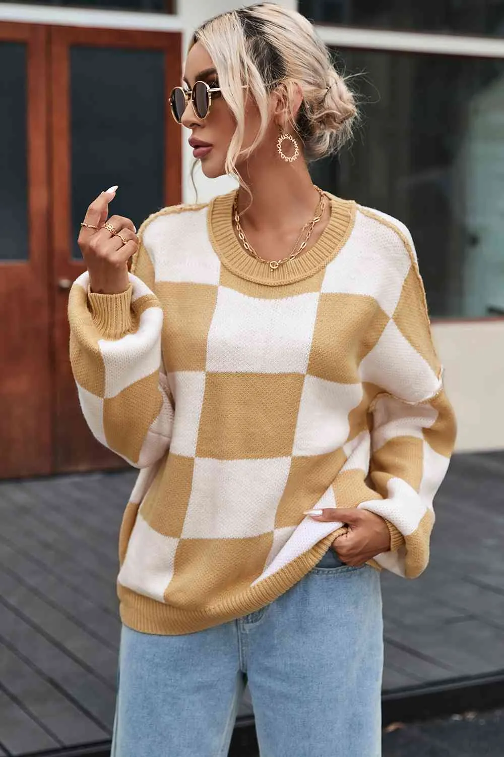 Maxct &Checkered Exposed Seam Drooped Shoulder Sweater