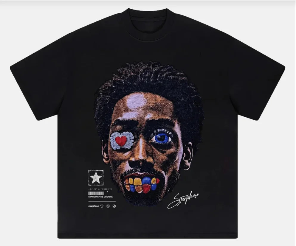 Maxct Summer New Gothic Big Head Pattern Printed Oversized T-shirt Men's Y2K Streetwear Hip Hop Loose Harajuku Round Neck Shirt