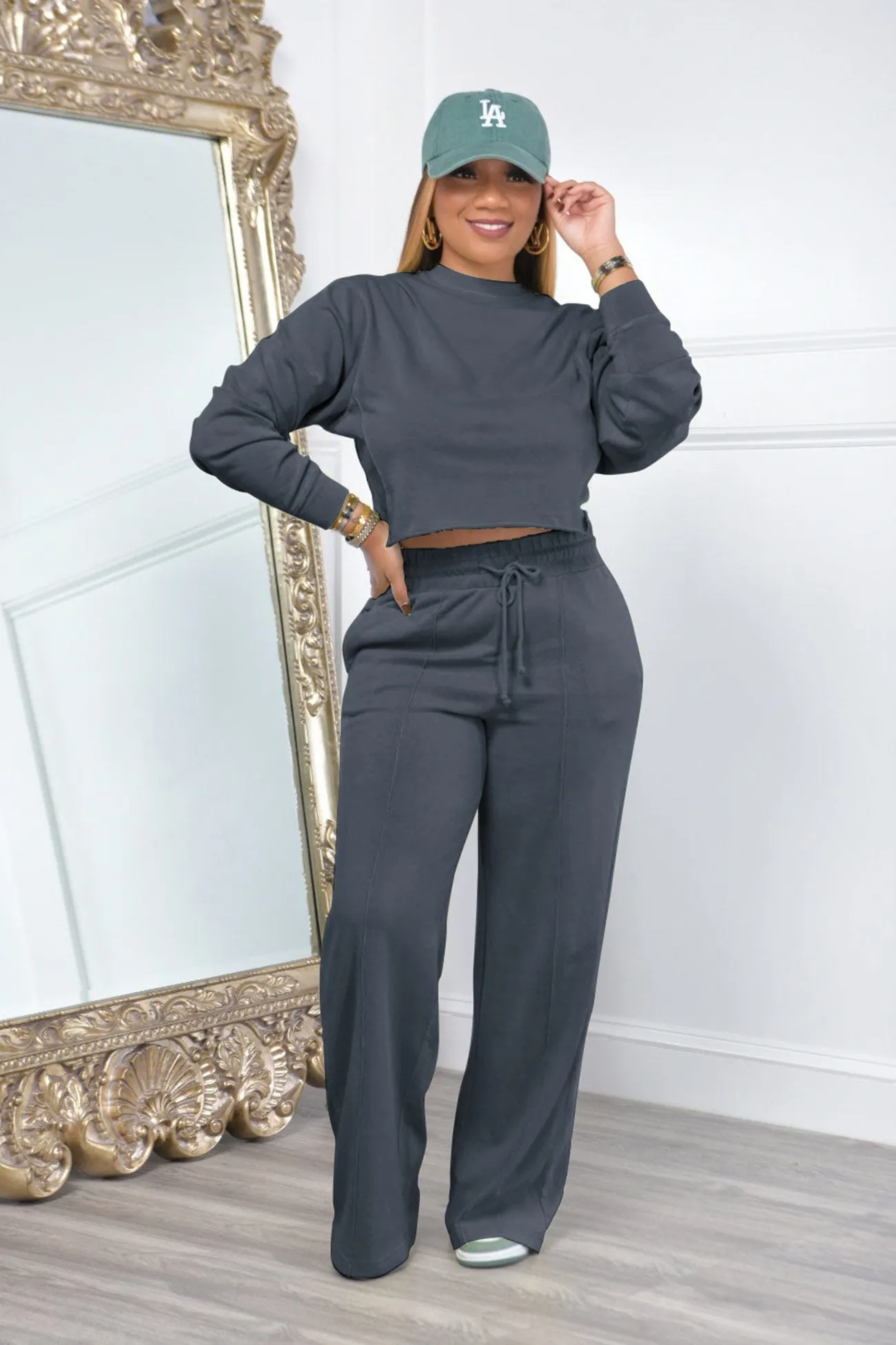 Maxct Crew Neck Crop Top Wide Leg Long Pants Suits