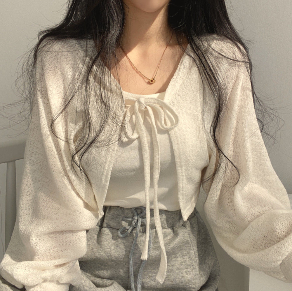 Thin White Cardigan Bandage Lantern Sleeve Short Coat Pull Femme Knitwear Top Girl Cardigan Korean Style Casual T Shirt