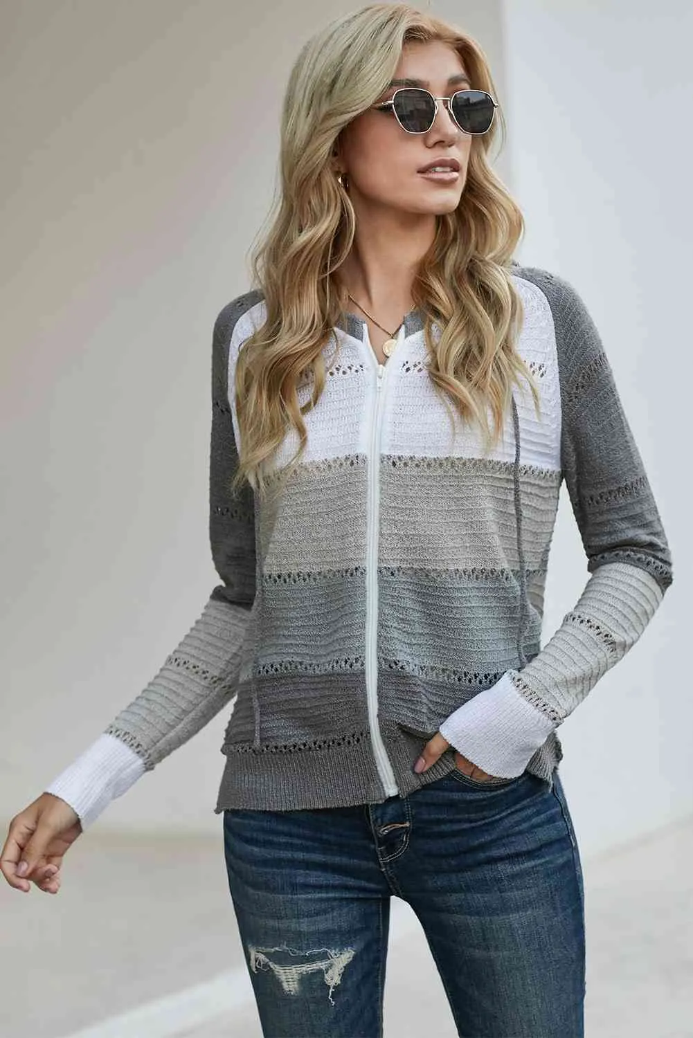 Maxct &Zip-Up Raglan Sleeve Openwork Hooded Cardigan - Image 9