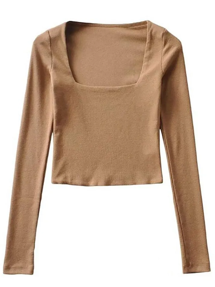 Maxct-Long-Sleeve Square Neck Plain Cropped T-Shirt