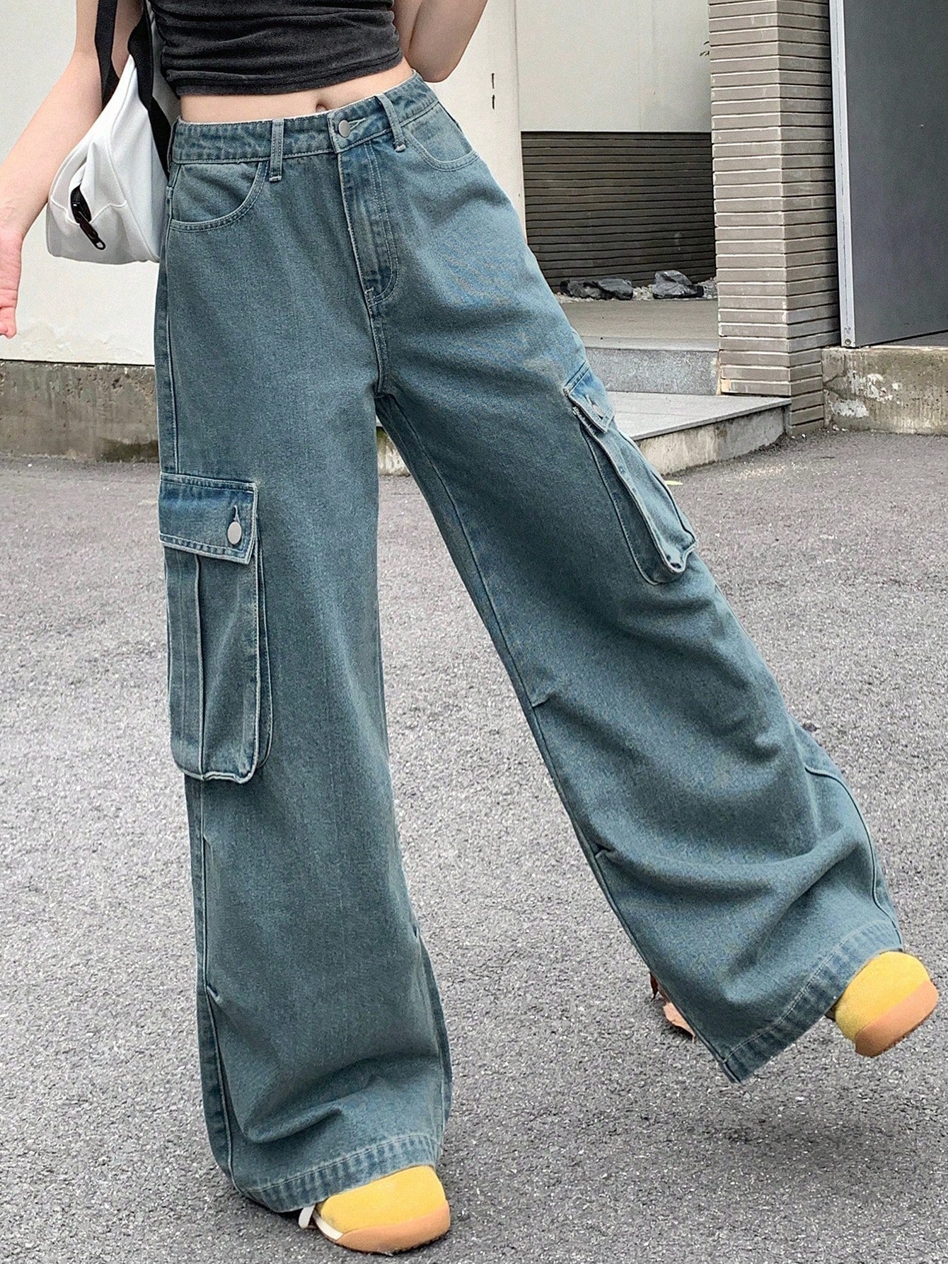 Maxct Women's Wide Leg Denim Pants Loose Fit Cargo Jeans With Pockets