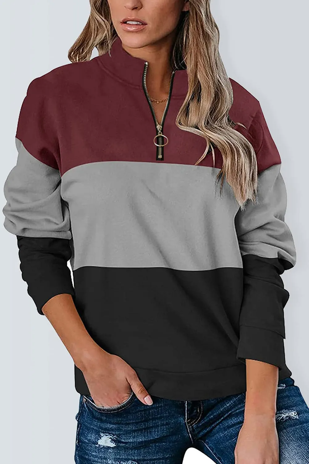 Maxct &Full Size Color Block Quarter Zip Long Sleeve Sweatshirt