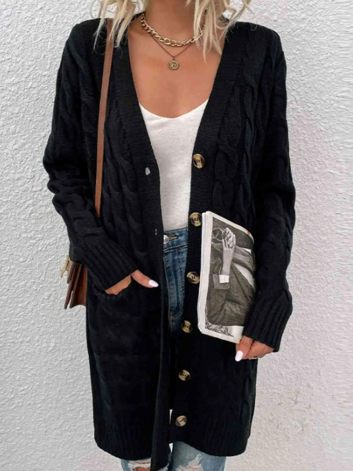 Maxct &Cable-Knit Button Down Cardigan with Pockets