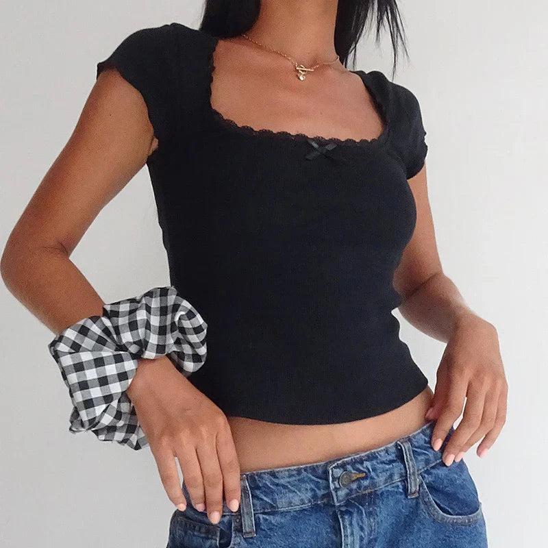 Maxct Kawaii Lace Trim T-shirt Chic Vintage Short Sleeve Rib Knitted Tees Shirt Elegant Women Fairy Cottage Y2K Crop Tops Clothes