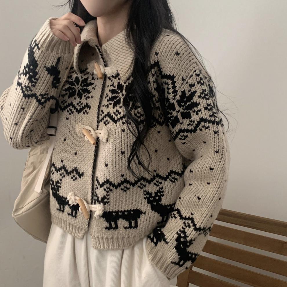 Maxct Aesthetic Snowflake Horn Button Knitted Cardigan - Image 7