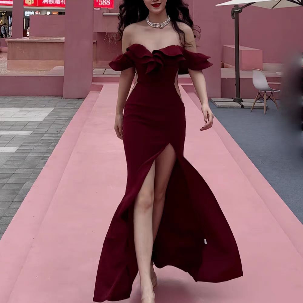 Women's Wear With Ear-rimmed Off-shoulder Bandage Dress French Style Women's Summer Party Adult Ceremony Evening Dress Dress
