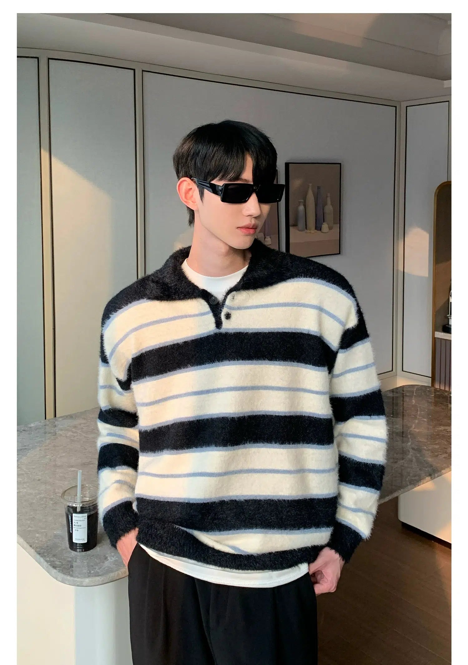 Maxct Faux Mink V-neck Striped Sweater