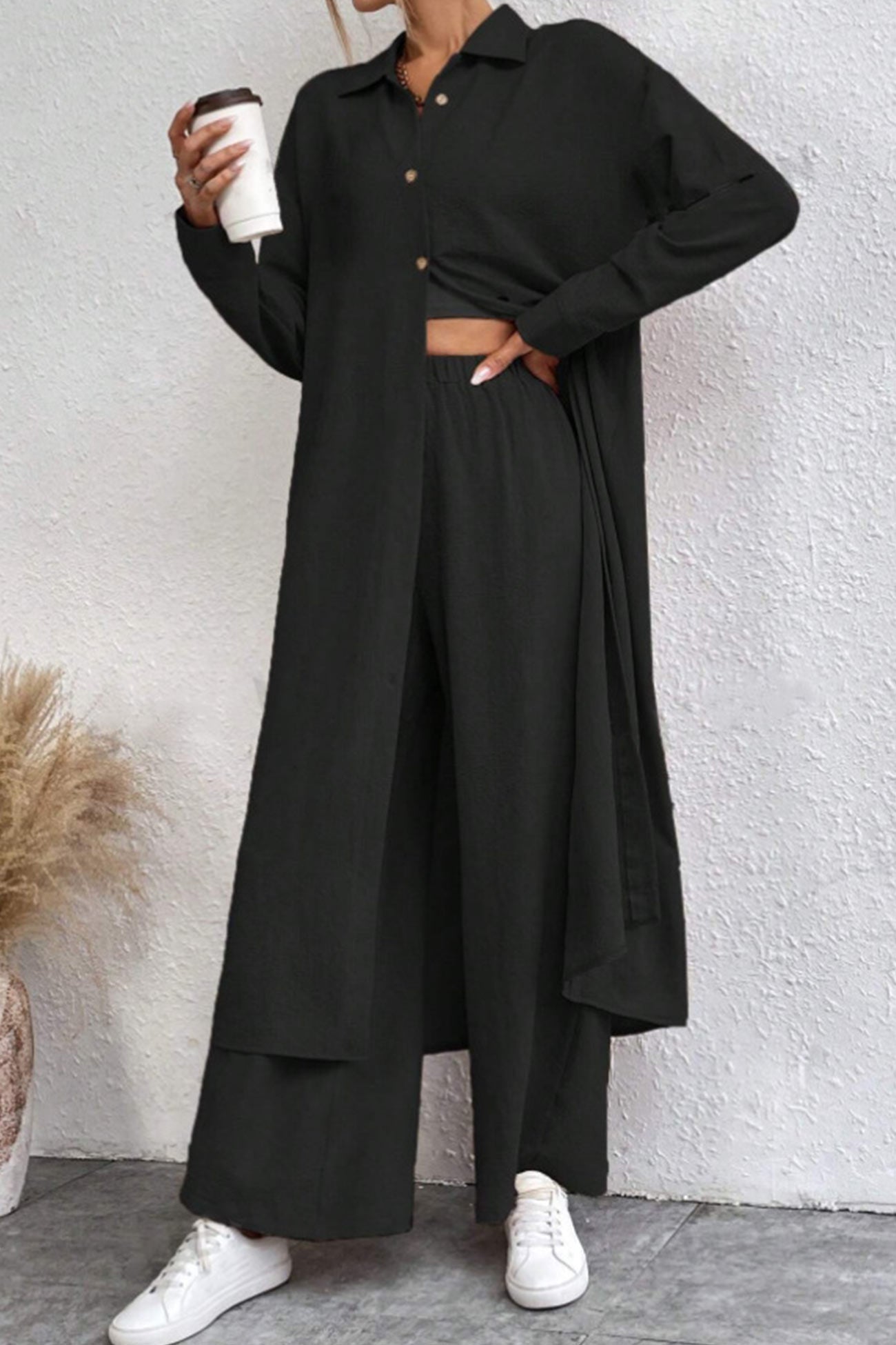 Maxct Solid Long Shirt Wide Leg Pants Set