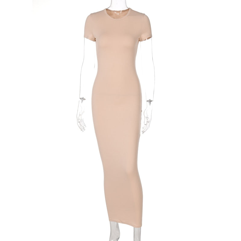 Voguable Short Sleeve O-Neck Solid Bodycon Dress Streetwear Y2K Party Casual Club Maxct