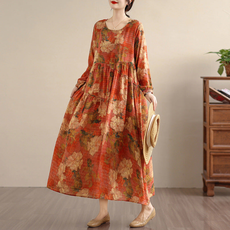 Bohemian Print Linen Maxi Long Sleeve Flowy Dress