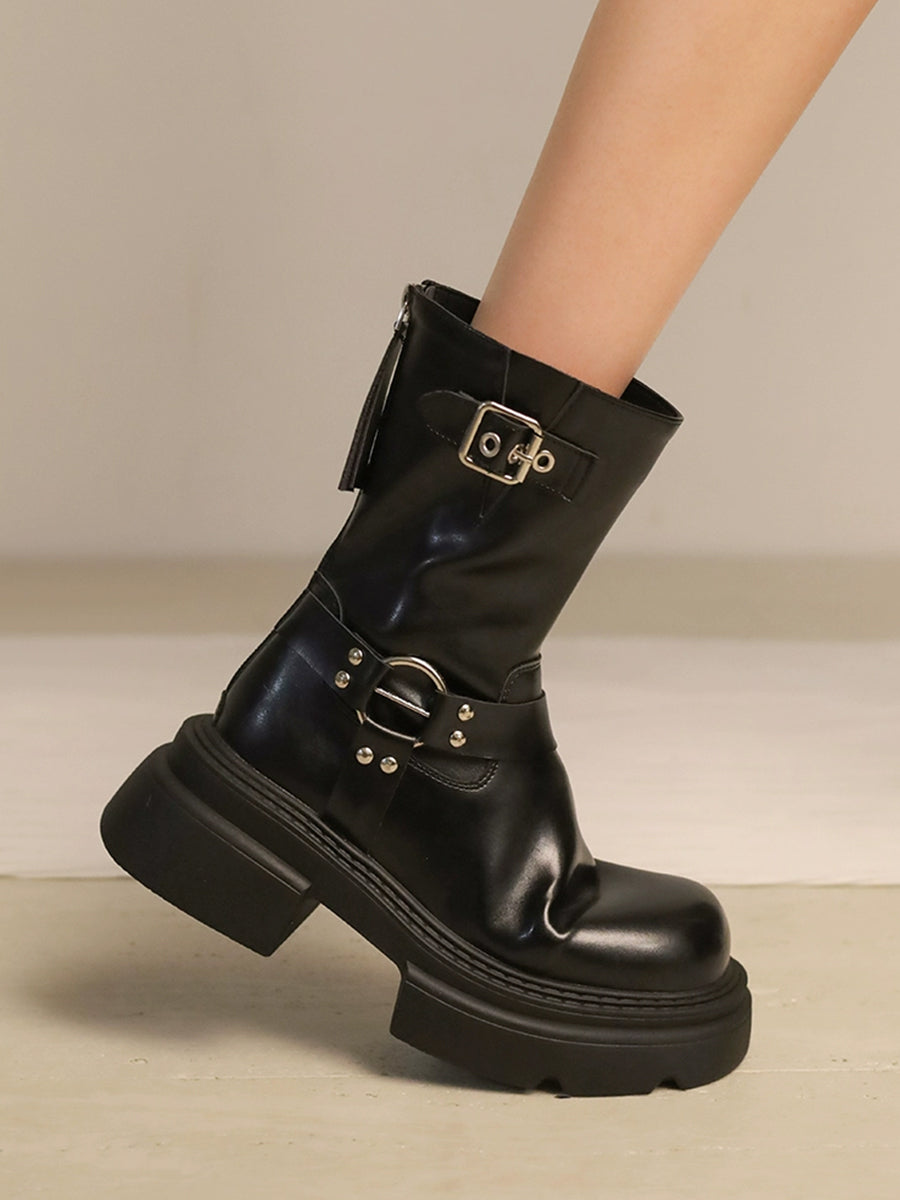 Western Buckle Straps Chunky Heeled Side Zip Boots Maxct