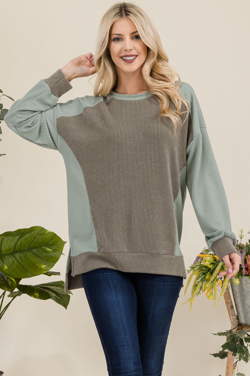 Maxct &Celeste Full Size High-Low Contrast Round Neck Sweatshirt - Image 6