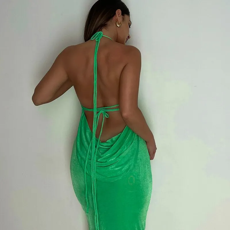 Elegant Fashion Halter Sexy Backless Draped Maxi Dress Women Summer Club Party Long Straps Shift Dresses Clothes