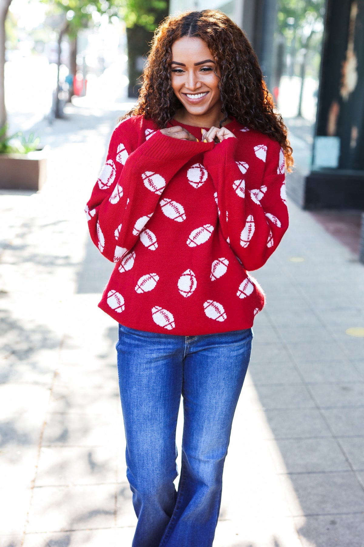 Maxct &Game Day Red Football Print Jacquard Knit Sweater