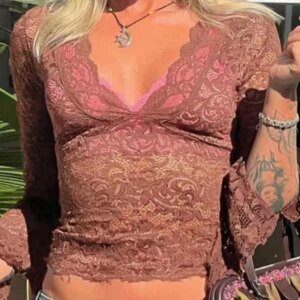 Maxct-Lace V Neck Slim Flare Design Long Sleeve Shirt