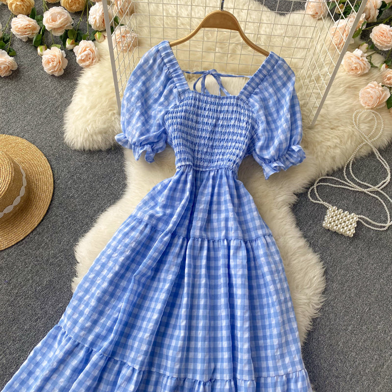 Puff Sleeve Gingham Tiered Dress Maxct