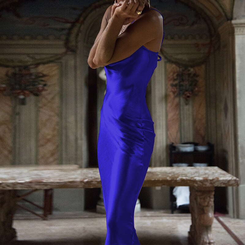 Elegant Satin Backless Long Dress For Women Gown Summer Spaghetti Strap Sleeveless Night Club Party Long Dress Vestido