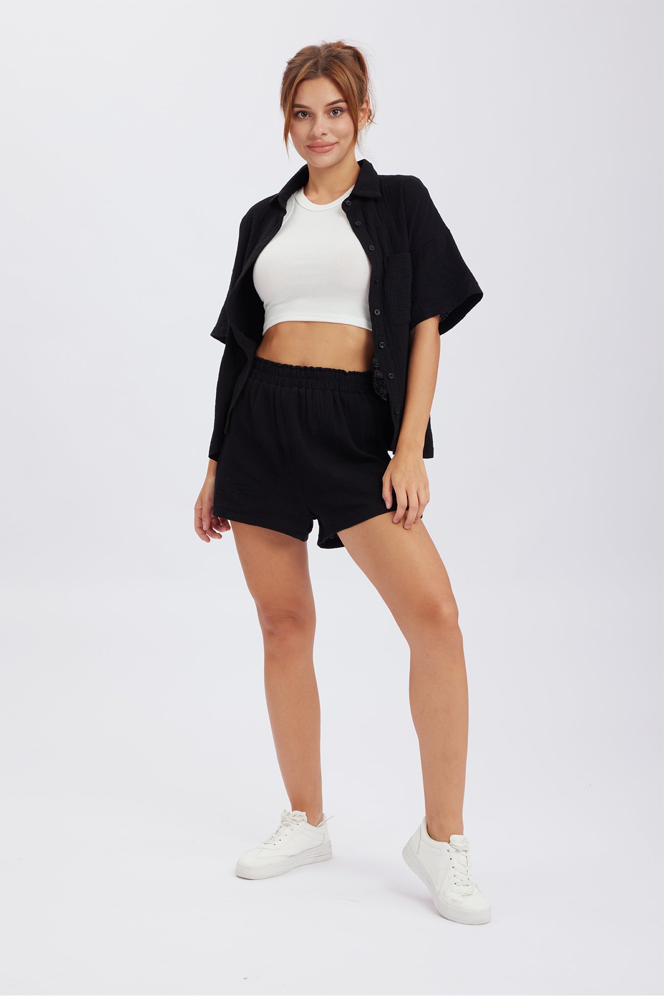 Maxct Solid Color Short Sleeve Shirt Cotton Two-piece Shorts Set