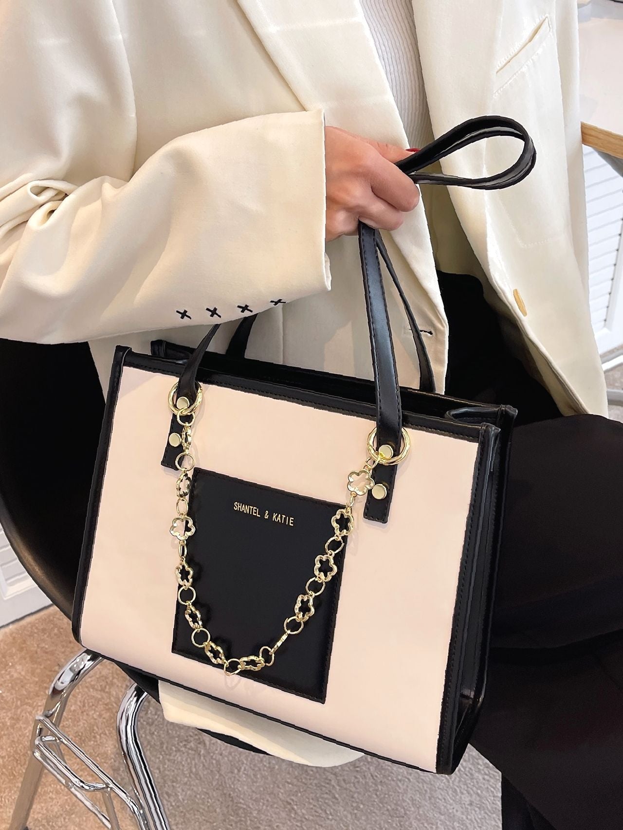 Maxct - Letter Graphic Two Tone Shoulder Tote Bag  - Women Tote Bags