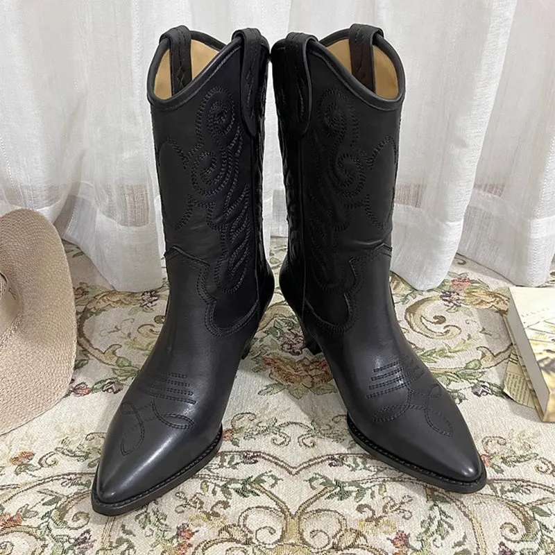 Womens Embroidered Western Boots Block Heel Short Boots All Genuine Leather Maxct