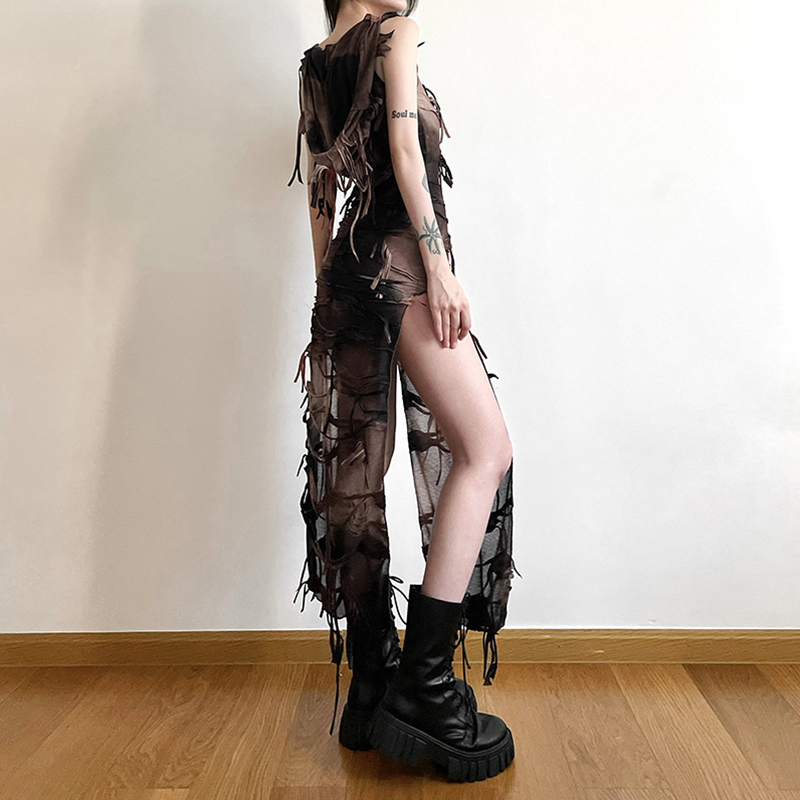 Grunge Dress y2k Tie Dye Print Sleeveless Side Split Hooded Dress Gothic Party Dresses Halloween Costume