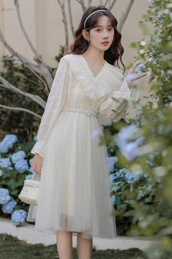 V-Neck Lace & Tulle Midi Dress Maxct