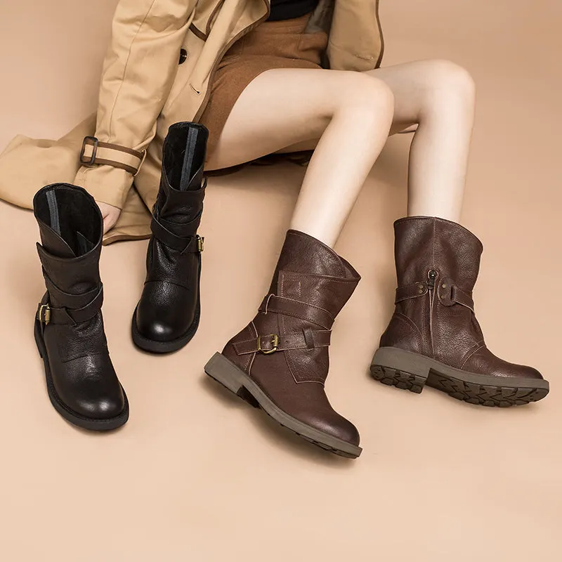 Womens Retro Mid Calf Boots for Winter Buckles Boots Coffee/Brown/Black Maxct