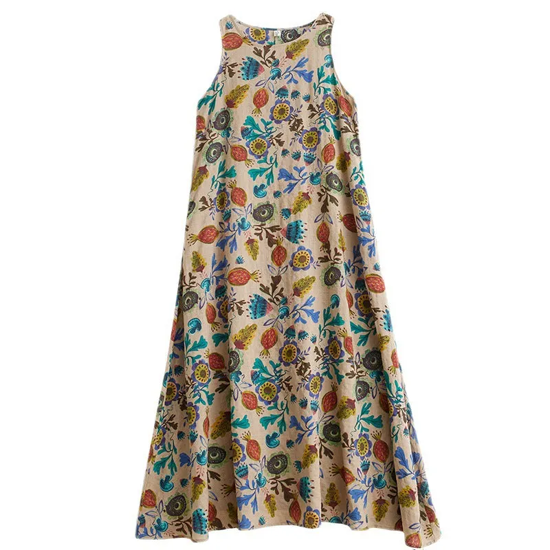 Women Summer Cotton Linen Round Neck Sleeveless Dress