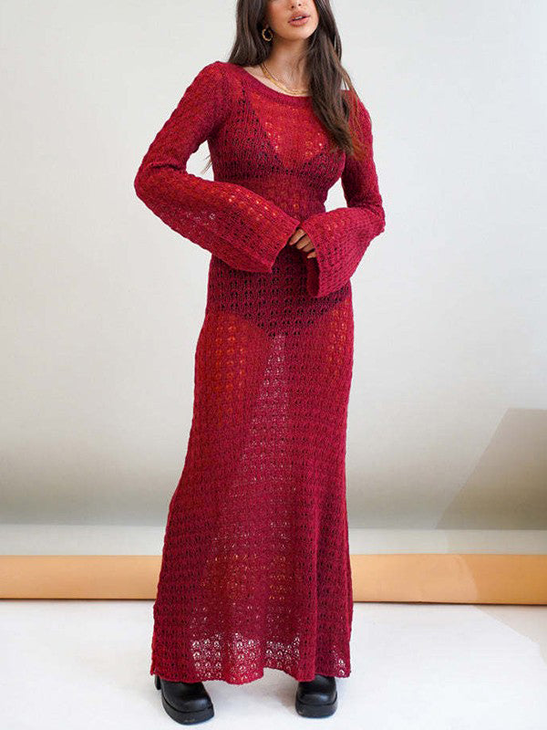 Crochet Hollow Backless Long Sleeve Cover Up Maxi Dress Maxct
