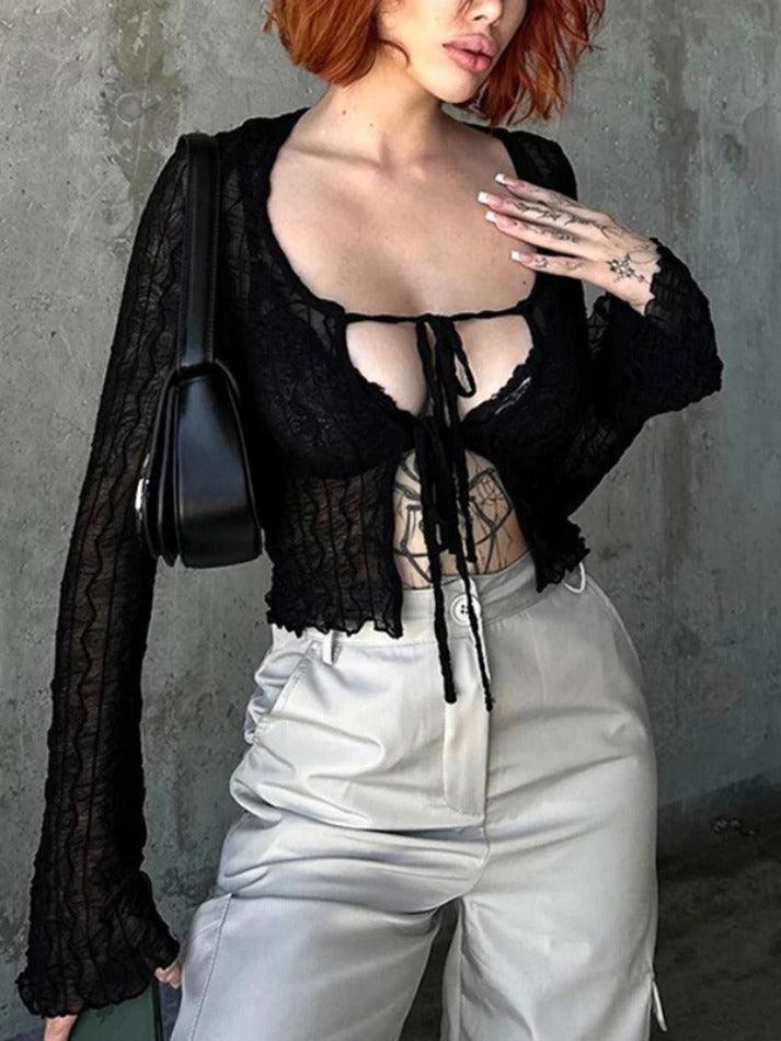 Maxct-Perspective Mesh Lace Up Long Sleeve Blouse