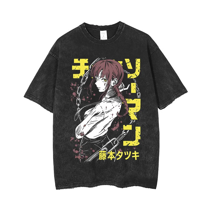 Maxct Anime Chainsaw Man Acid Tshirt Retro Vintage Washed Printed Graphic T Shirt Men Harajuku Cotton Casual Short Sleeve Tshirt Tops