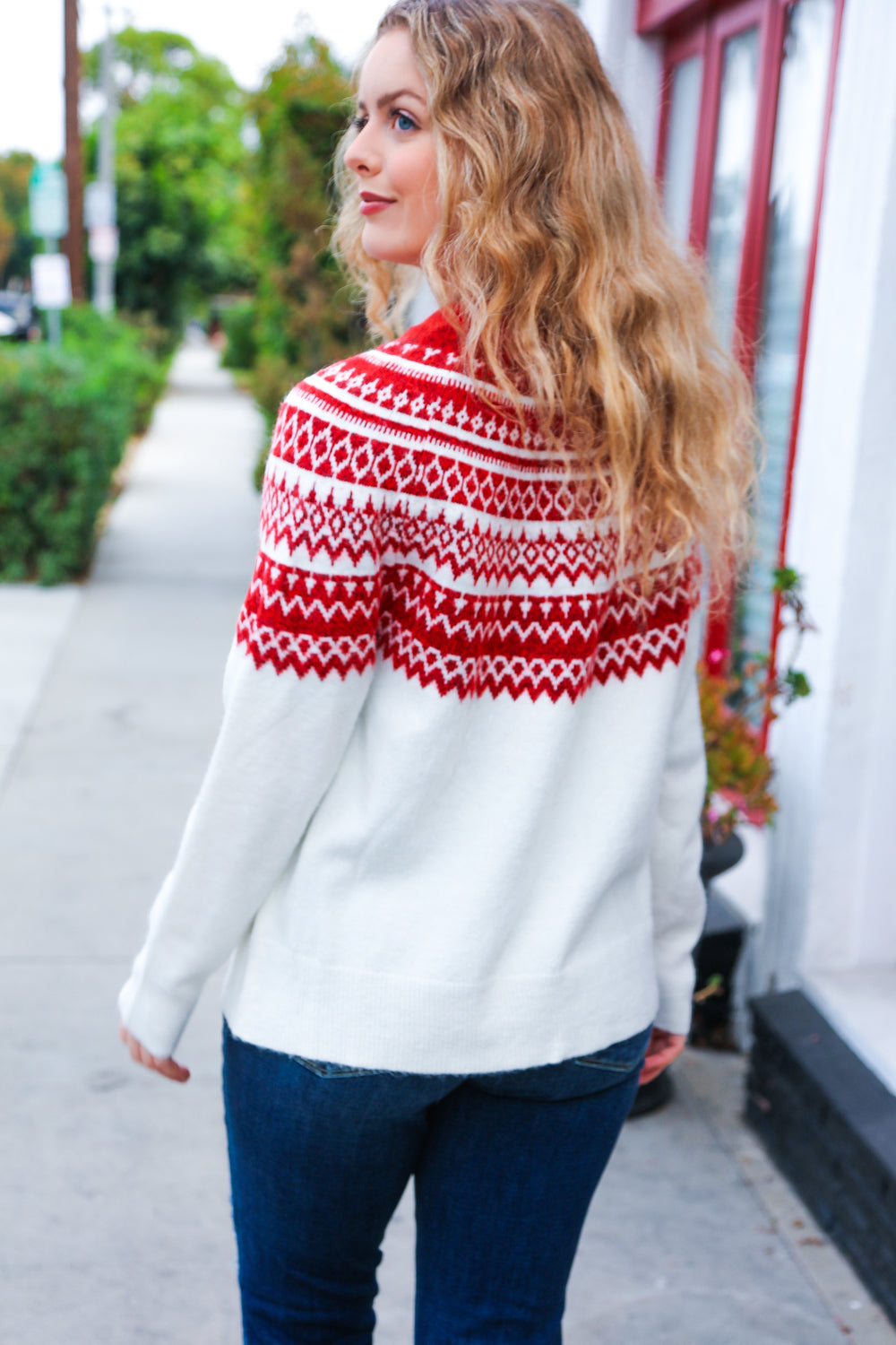 Maxct &Feeling Festive Ivory & Red Fair Isle Mock Neck Sweater