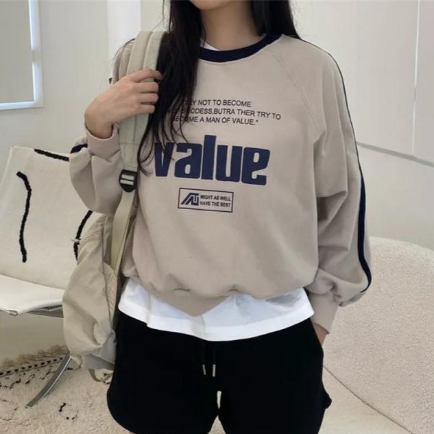 Maxct Vintage Letter Print Round Neck Sweatshirt