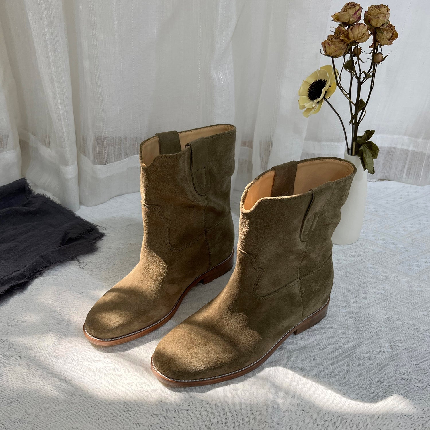 Womens Suede Mid Calf Western Cowboy Boots Maxct