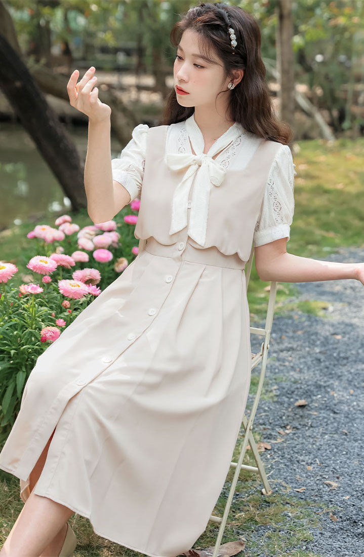 Button Up Tie Neck Twofer Midi Dress Maxct