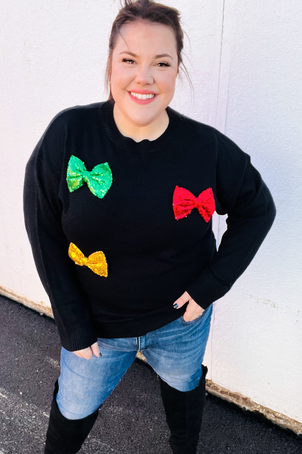 Maxct &Be Merry Black Multicolor Sequin Bow Knit Sweater