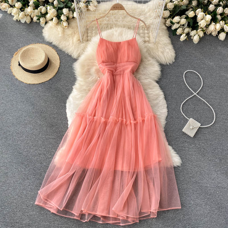 Women's Sexy Mesh Spaghetti Strap Long Dress Summer Orange/Purple/Blue/Pink Ruffle A-Line Beach Robe Female Elegant Party Vestidos