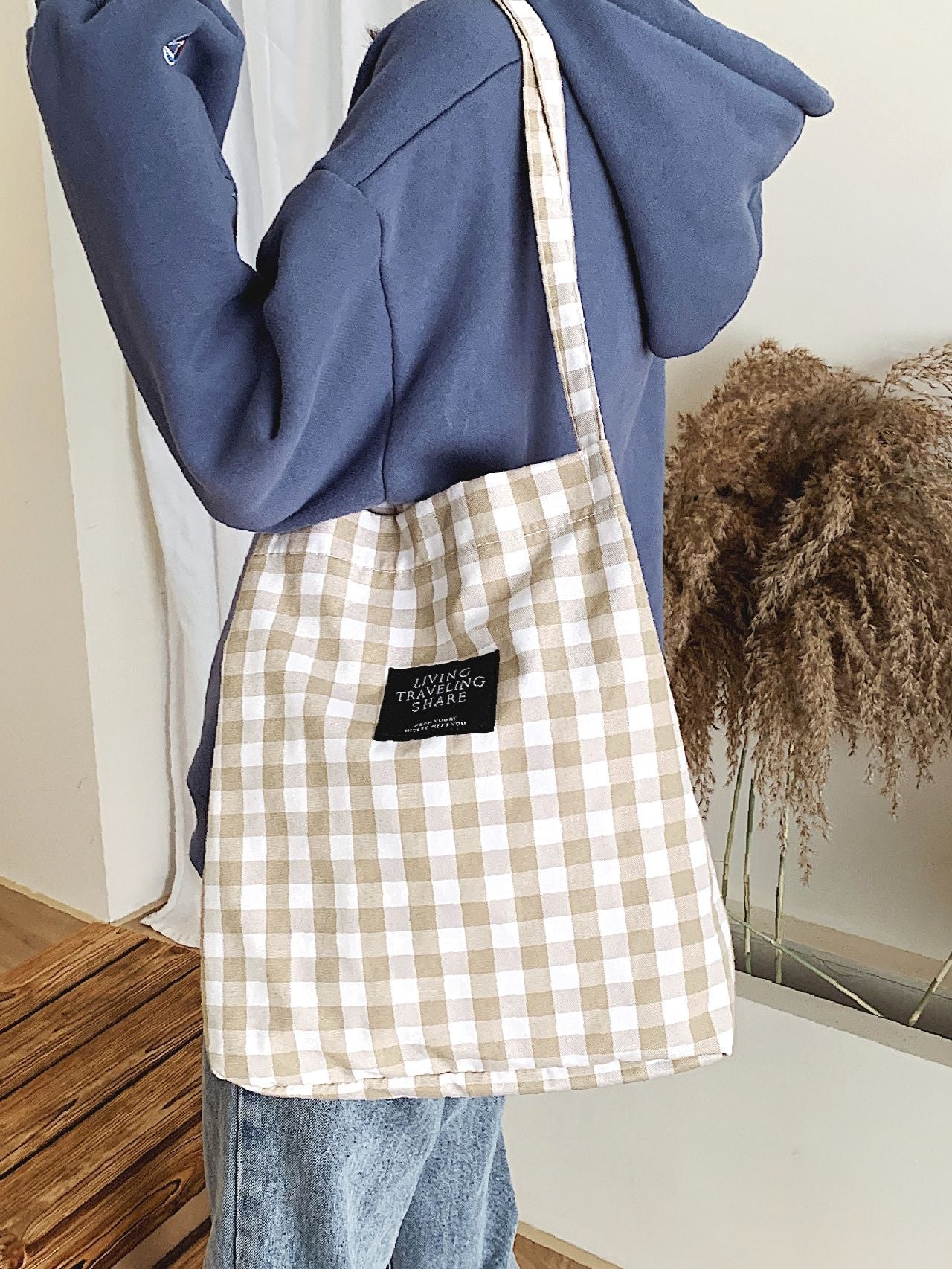 Maxct - Letter Patch Gingham Shopper Bag  - Women Tote Bags