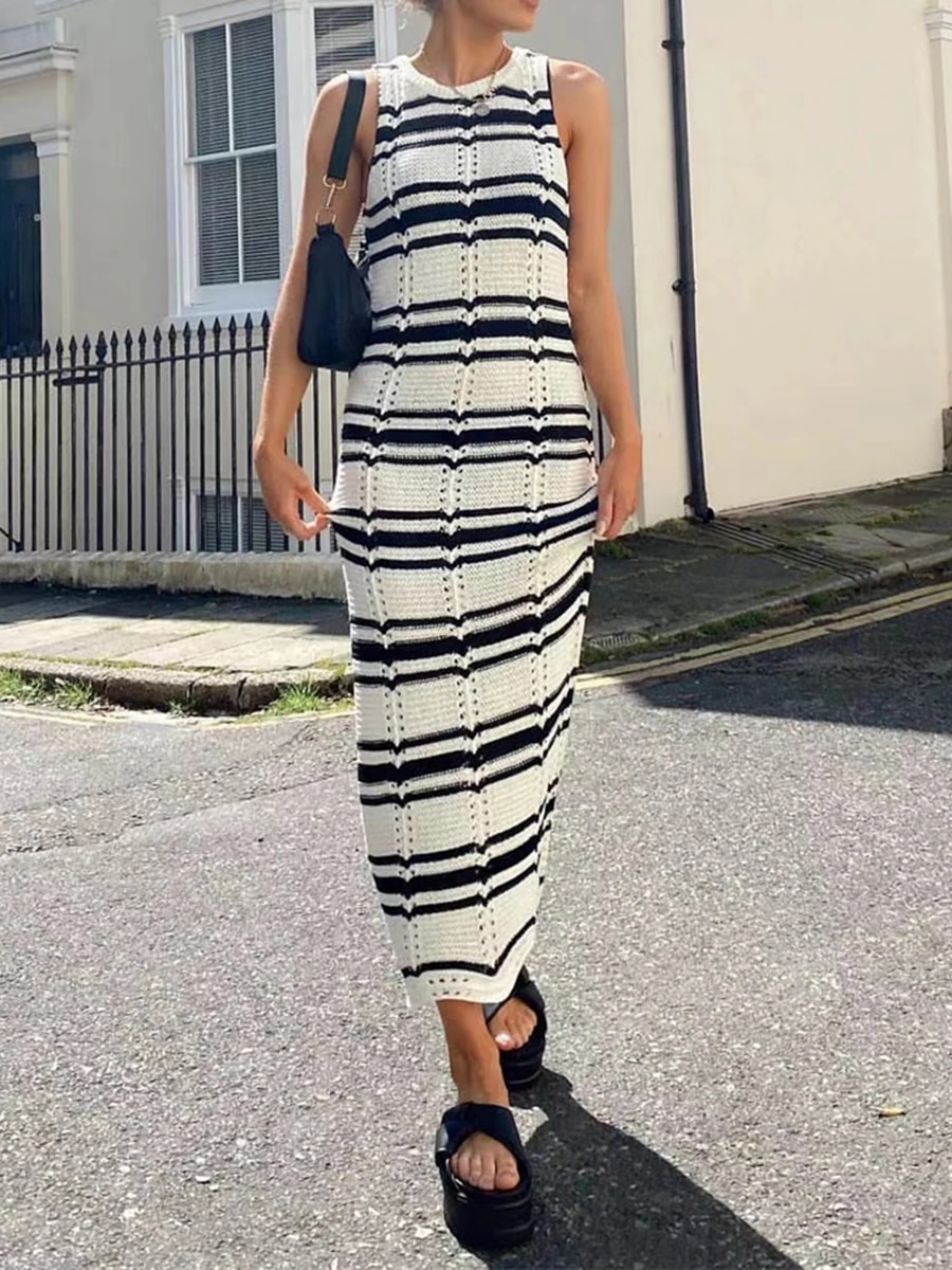 Maxct Women's Casual Long Dress O-Neck Sleeveless Contrast Color Striped Knitted Summer Slim Fit Holiday Beach Dresses