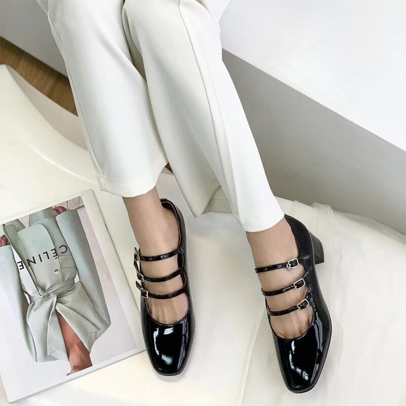 Handmade Mary Jane Shoes 40mm Triple-strap Pumps Block Heel Maxct