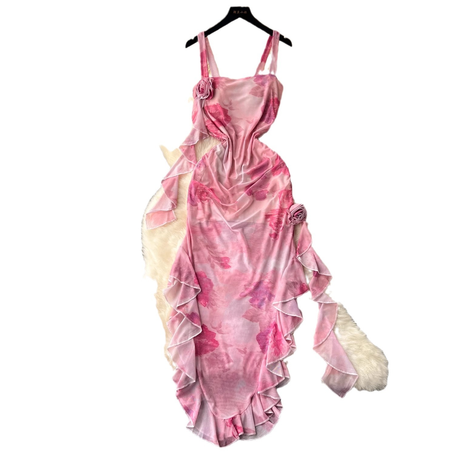 Maxct prom dresses Dress Women's Three-Dimensional Flower Ruffled Irregular Strap Printed Holiday Dress