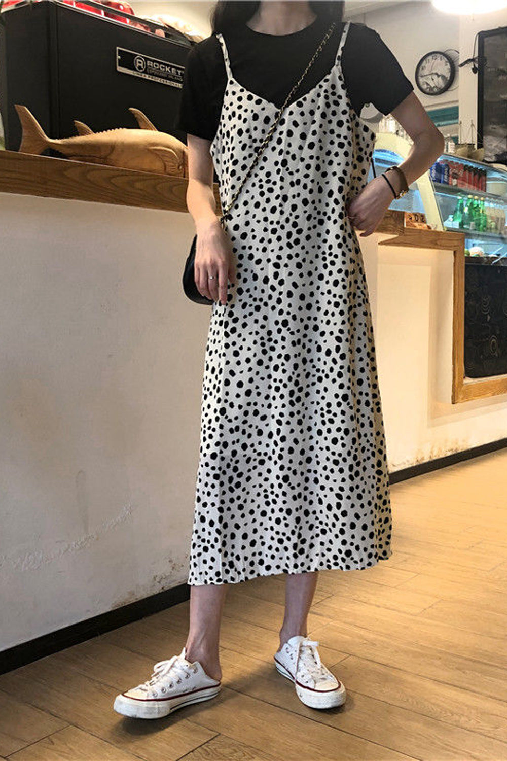 Sleeveless Dot Pattern Strappy Long Dress Maxct