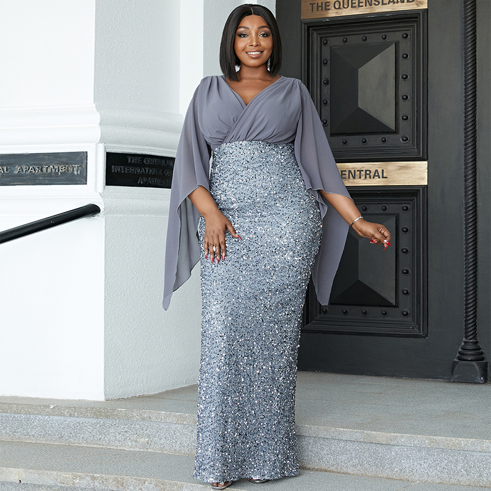 Maxct Plus Size Elegant Sexy Long Sequined V-neck Long Sleeve Banquet Evening Dress Bridesmaid Dress Dress Women